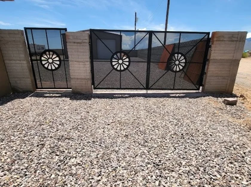 Wide custom horizontal steel driveway gate