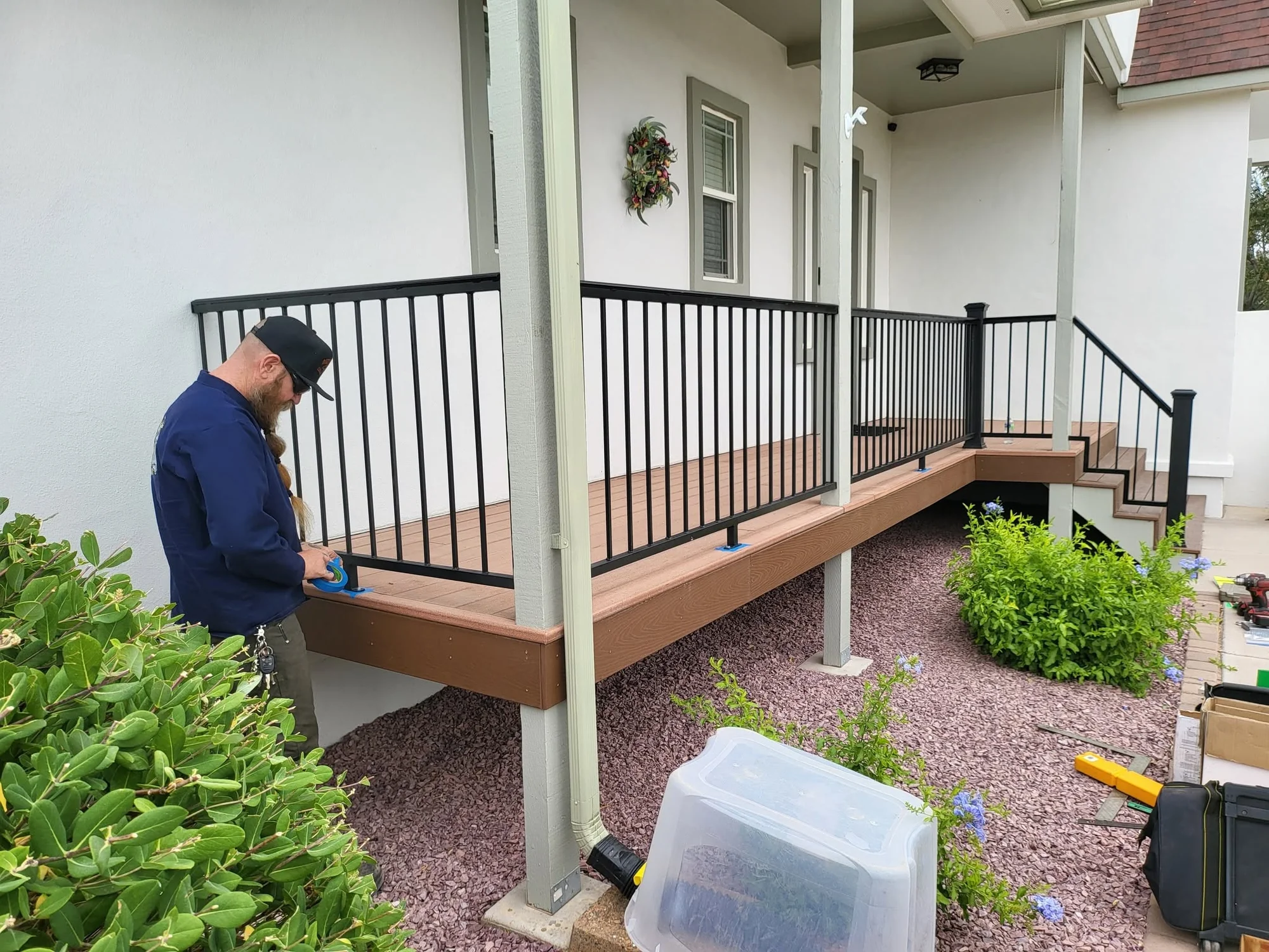 Finished black steel porch railing